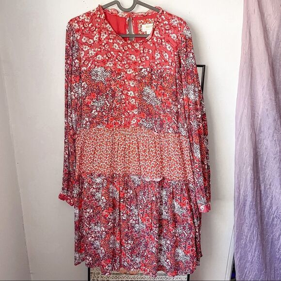 Anthropologie Maeve Red Floral Tiered Mini Dress Long Sleeve S - Picture 7 of 9